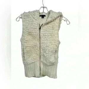 GAP Kids Cream Looped Yarn Fringed Sleeveless Vest Ribbed Trim Hood Zip L